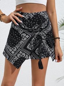 SHEIN VCAY Quần đùi nữ Bất đối xứng mép Họa tiết khăn Boho - màu đen - Xem 2
