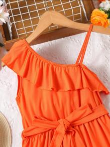 SHEIN Đầm Gái Bất đối xứng Cao thấp Viên lá sen màu trơn Dễ thương - trái cam - Xem 4