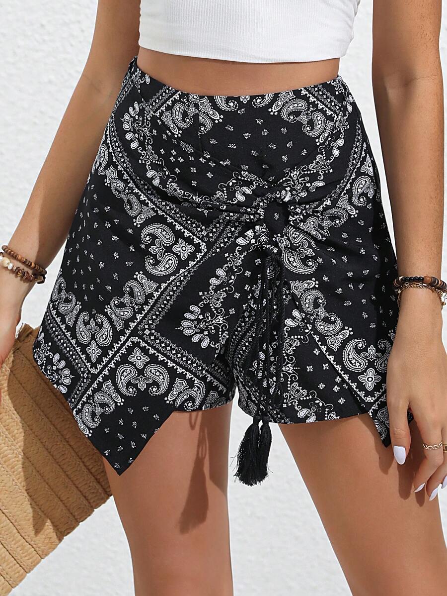 SHEIN VCAY Quần đùi nữ Bất đối xứng mép Họa tiết khăn Boho - màu đen - Xem 1