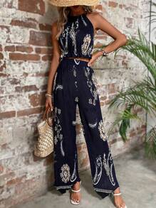 Breezaya Paisley Print Halter Top & Wide Leg Pants