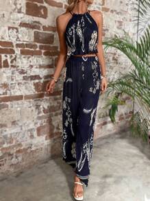 Breezaya Paisley Print Halter Top & Wide Leg Pants