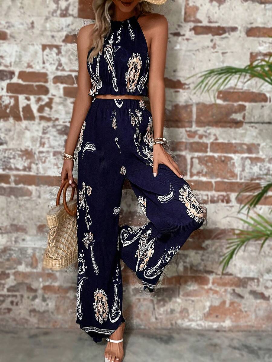 Breezaya Paisley Print Halter Top & Wide Leg Pants