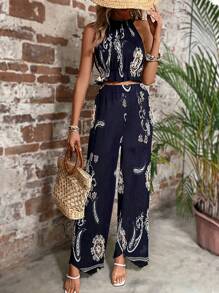 Breezaya Paisley Print Halter Top & Wide Leg Pants