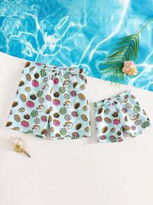 Young Boy 1pc Donut Print Drawstring Waist Swim Shorts