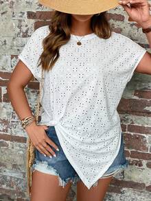 SHEIN LUNE 大碼扭結下擺網眼刺繡T恤 - 白色 - 查看 5