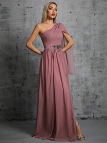 單肩高衩雪紡伴娘洋裝 - 紅木色 - 查看 4