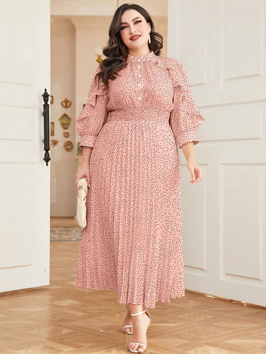 Mulvari Plus Polka Dot Print Ruffle Trim Pleated Hem Dress Maxi Women Outfit - Baby Pink - View 1