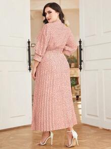 Mulvari Plus Polka Dot Print Ruffle Trim Pleated Hem Dress Maxi Women Outfit - Baby Pink - View 2