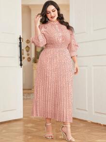 Mulvari Plus Polka Dot Print Ruffle Trim Pleated Hem Dress Maxi Women Outfit - Baby Pink - View 3