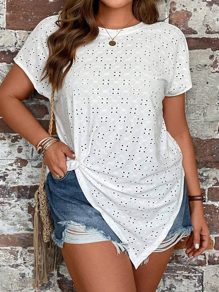 SHEIN LUNE 大碼扭結下擺網眼刺繡T恤 - 白色 - 查看 1