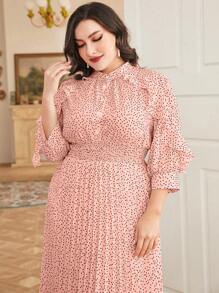 Mulvari Plus Polka Dot Print Ruffle Trim Pleated Hem Dress Maxi Women Outfit - Baby Pink - View 6