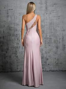 One Shoulder Lace Insert Split Thigh Satin Formal Dress - Dusty Pink - View 2