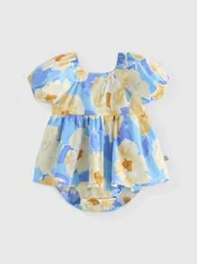 Peninsula Baby 女嬰夏季休閒花卉印花洋裝 - 藍色 - 查看 1