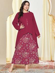 Al Najma Váy 2 trong 1 họa tiết hoa đỏ tía - Màu Đỏ Sâu - Xem 4