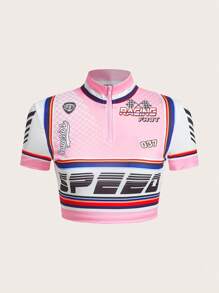 SHEIN ICON Bikercore Letter Graphic Half Zip Crop Tee - Multicolor - View 1