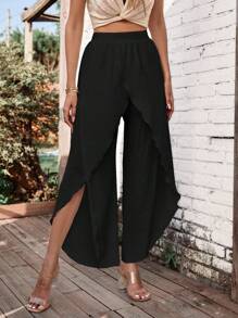 SHEIN LUNE Solid Tulip Hem Wide Leg Pants