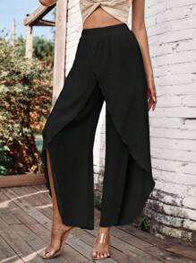SHEIN LUNE Solid Tulip Hem Wide Leg Pants