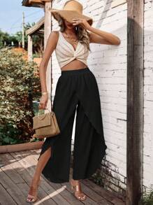 SHEIN LUNE Solid Tulip Hem Wide Leg Pants