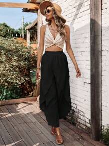 SHEIN LUNE Solid Tulip Hem Wide Leg Pants