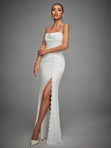 Lace Trim Ruched Split Thigh Cami Dress - White - View 3