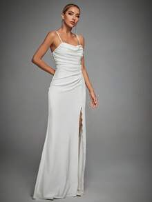 Lace Trim Ruched Split Thigh Cami Dress - White - View 4