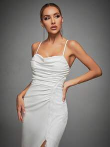 Lace Trim Ruched Split Thigh Cami Dress - White - View 6