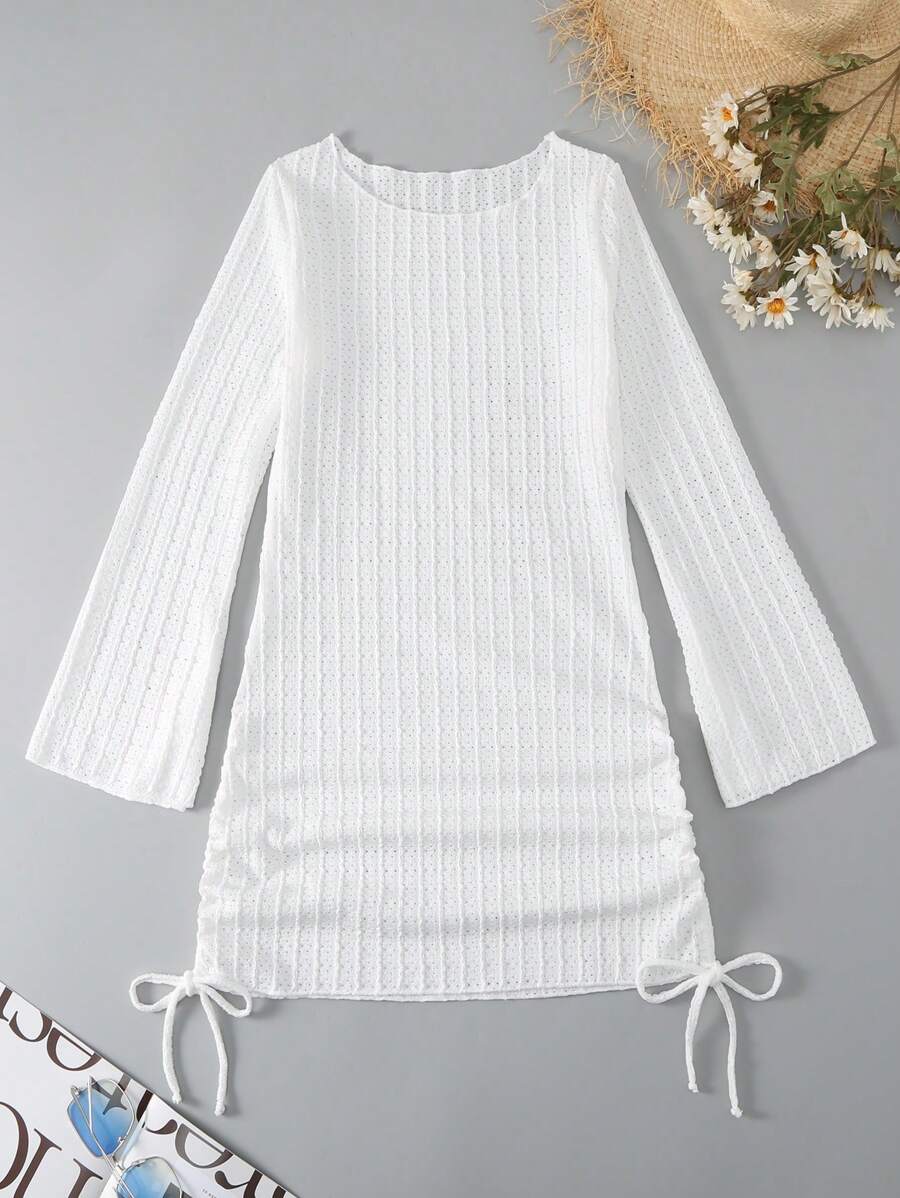 Solid Drawstring Side Cover Up - White - View 1