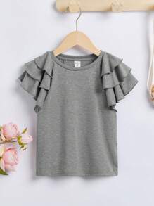SHEIN Tween Girl Ruffle Layered Sleeve Tee - Grey - View 1