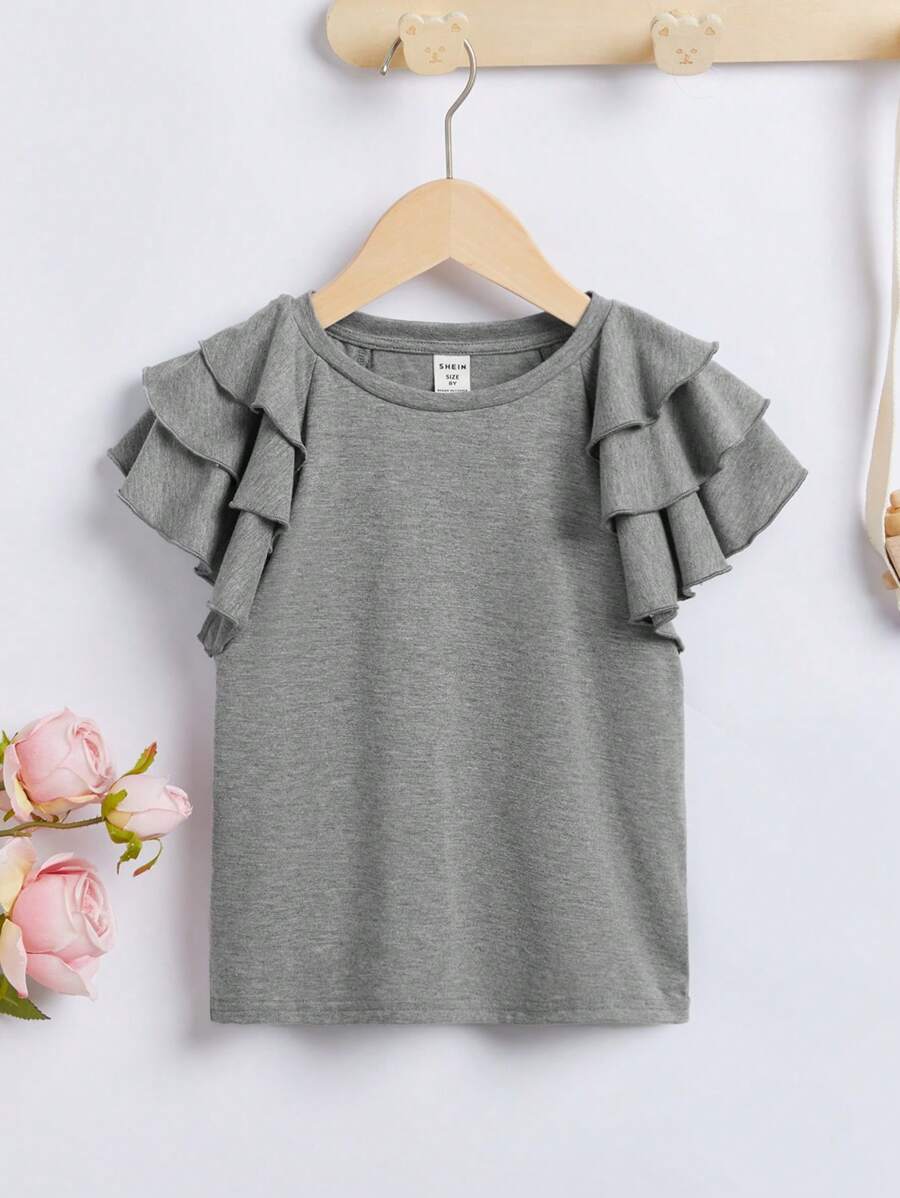 SHEIN Tween Girl Ruffle Layered Sleeve Tee - Grey - View 1