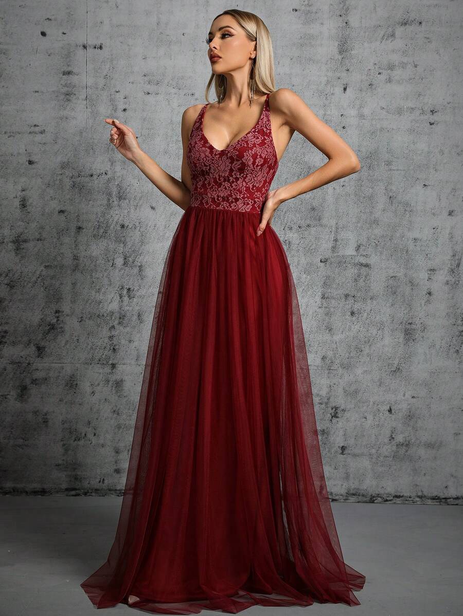 蕾絲拼接網紗正式洋裝 - 酒紅色 - 查看 1