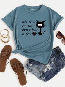 SHEIN LUNE Cartoon And Slogan Graphic Tee - Dusty Blue - View 1