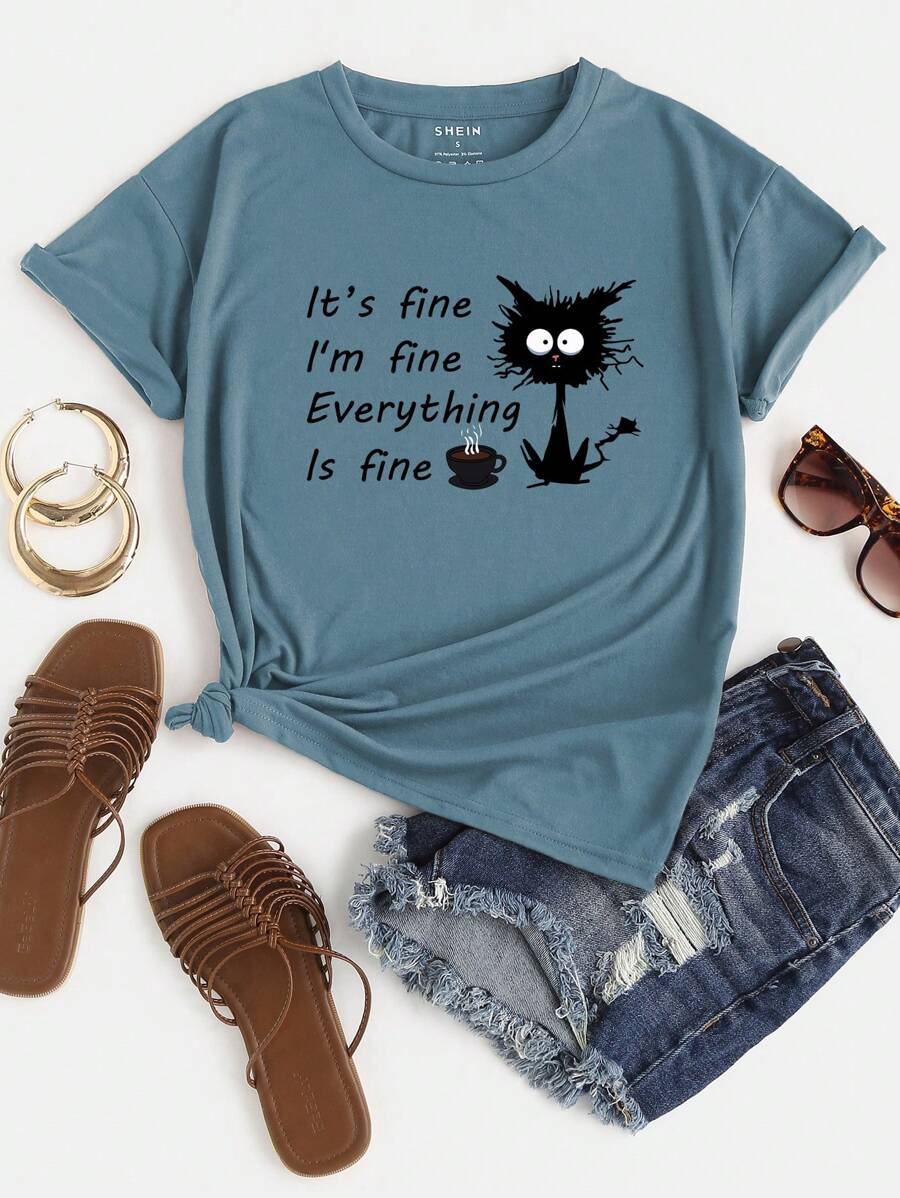 SHEIN LUNE Cartoon And Slogan Graphic Tee - Dusty Blue - View 1