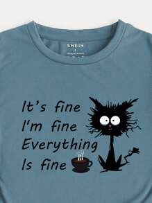 SHEIN LUNE Cartoon And Slogan Graphic Tee - Dusty Blue - View 3