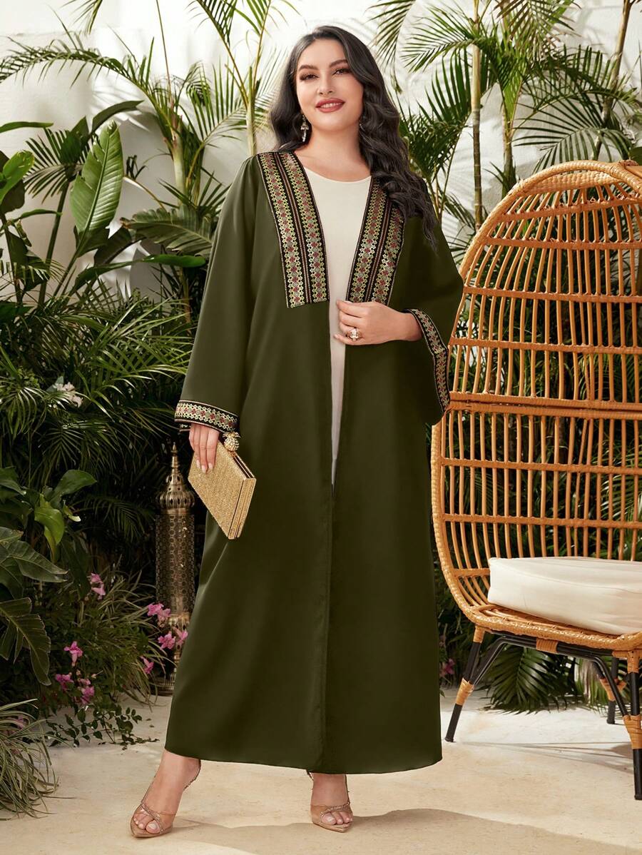 Al Najma Plus Contrast Tape Open Front Abaya - Army Green - View 1