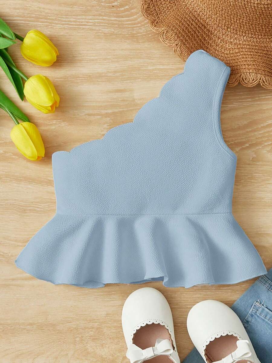 SHEIN Áo ba lỗ & áo hai dây cho bé gái mới biết đi Viên lá sen Sò điệp màu trơn Dễ thương - Màu xanh nhạt - Xem 1