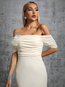 Off Shoulder Ruched Mermaid Hem Wedding Dress - Apricot - View 4