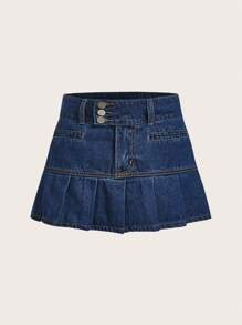 SHEIN MOD Pleated Hem Denim Skirt - Dark Wash - View 1