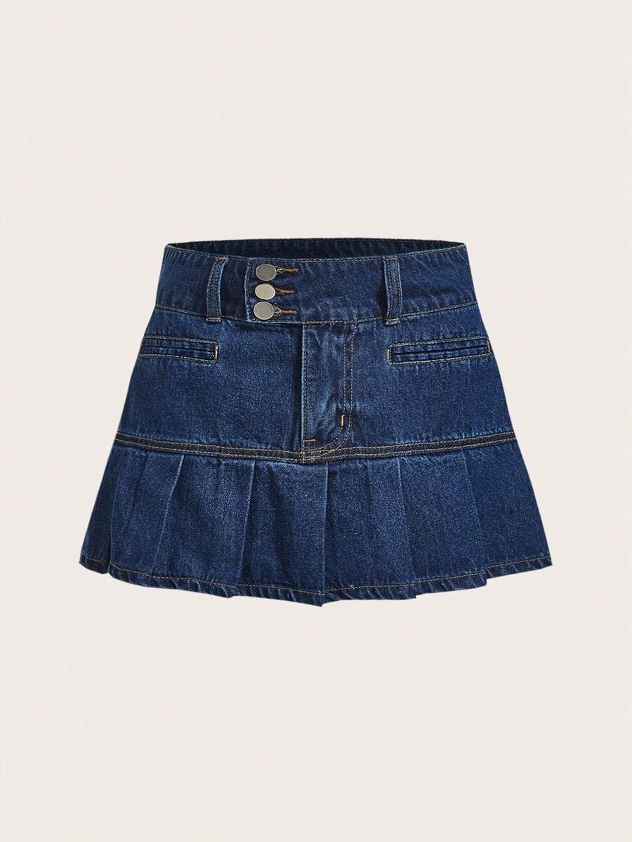 SHEIN MOD Pleated Hem Denim Skirt - Dark Wash - View 1