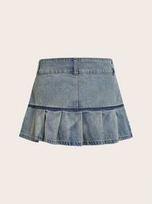 SHEIN MOD Pleated Hem Denim Skirt - Medium Wash - View 2