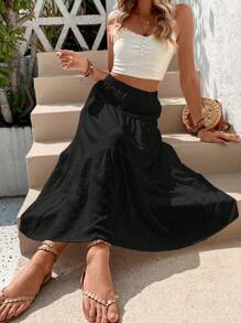 SHEIN Holidaya Falda unicolor bajo con fruncido