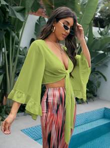 SHEIN VCAY 荷葉邊荷葉袖前繫帶短款上衣 - 青檸色 - 查看 3