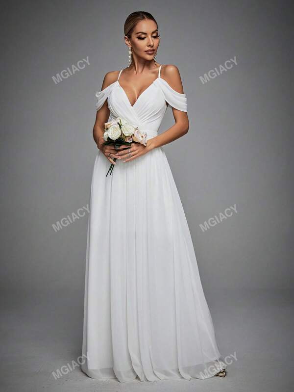 Schulterfreies Chiffon Hochzeitskleid in Maxi-Länge, Weiß, elegantes Brautkleid, Braut