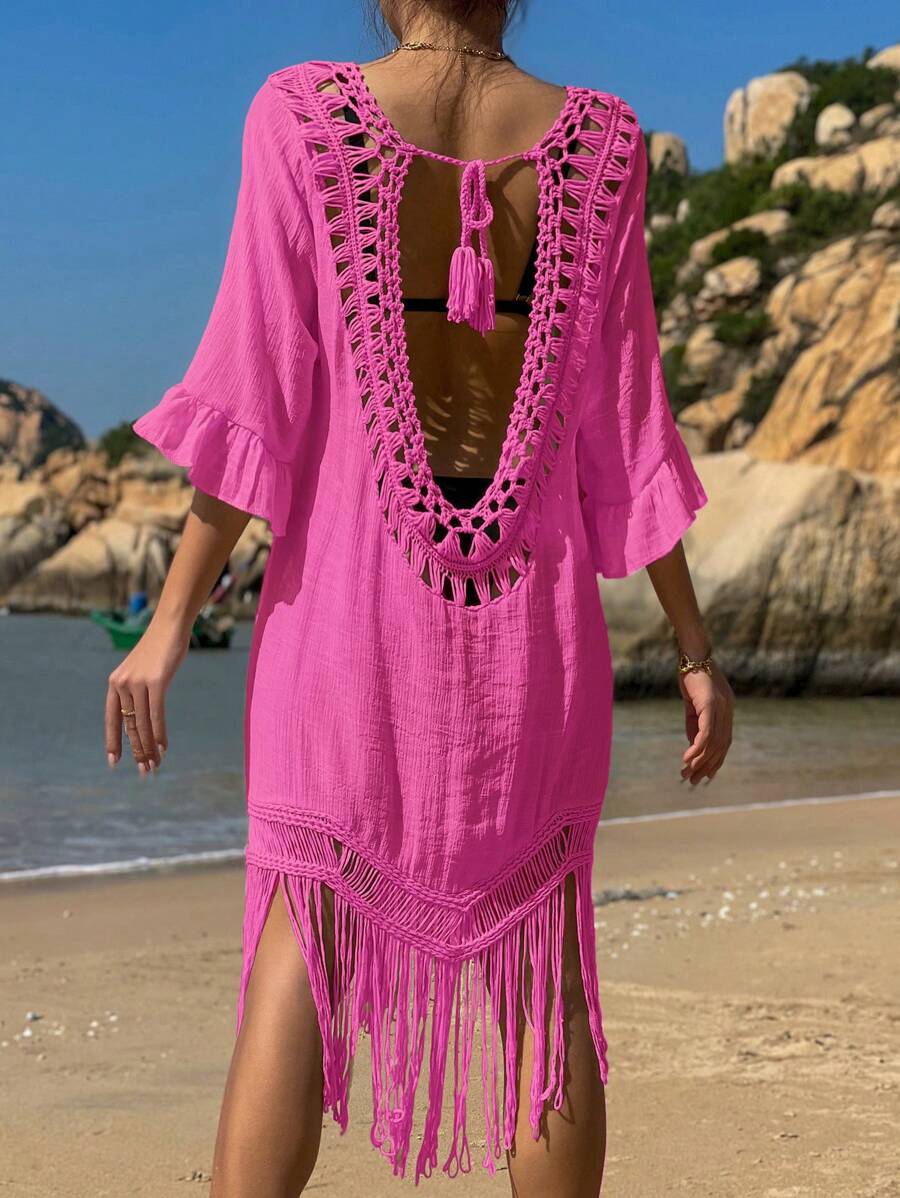 SHEIN Swim 勾織拼接流蘇下擺後背繫帶罩衫 - 玫紅色 - 查看 1