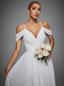 Cold Shoulder Maxi Chiffon Wedding Dress White Elegant Bridal Dress, Bride - White - View 5