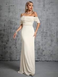 Off Shoulder Ruched Mermaid Hem Wedding Dress - Apricot - View 5