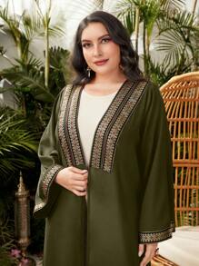 Al Najma Plus Contrast Tape Open Front Abaya - Army Green - View 3