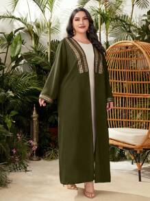 Al Najma Plus Contrast Tape Open Front Abaya - Army Green - View 4