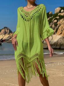 勾織拼接流蘇下擺後背繫帶罩衫