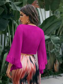 SHEIN VCAY 荷葉邊荷葉袖前打結短款上衣 - 中紫紅色 - 查看 2