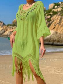 勾織拼接流蘇下擺後背繫帶罩衫